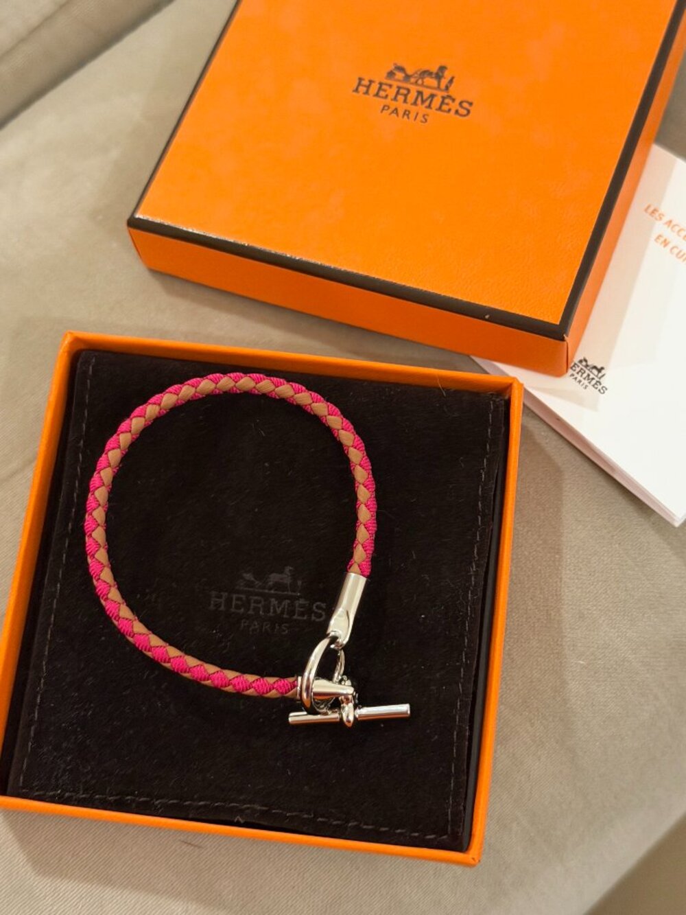Hermès Braided Leather Bracelet Pink and Tan with Palladium Hardware Brand New